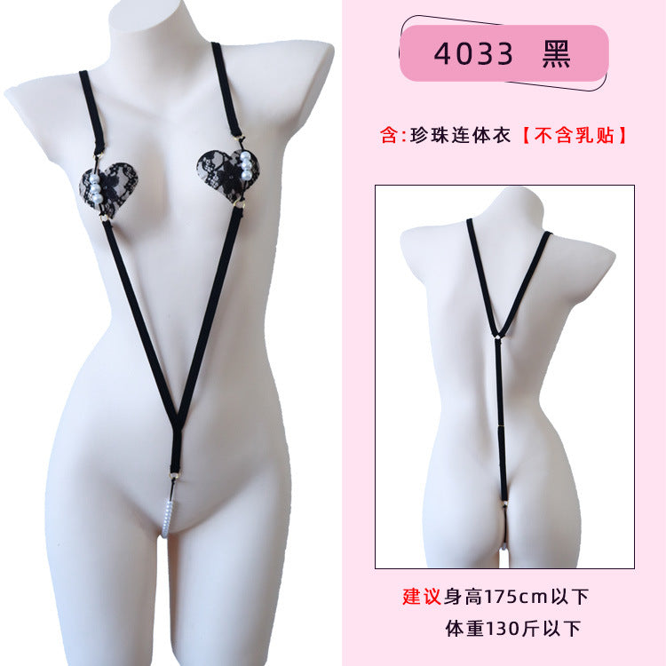 Image of Erotic underwear women's erogenous belt pearl jumpsuit simple webbing pajamas wholesale one piece dropshipping 4033